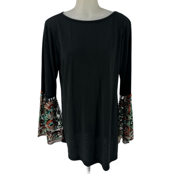 A&A Tops - A&A Whimsigoth Fairy Black Viscose Embroidered Floral Bell Sleeves Top Sz L